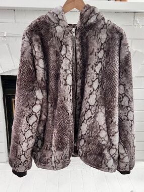 Fung Lan Opening Ceremony SNAKESKIN PRINT Faux Fur ZIPPED HOODIE BROWN Colorway